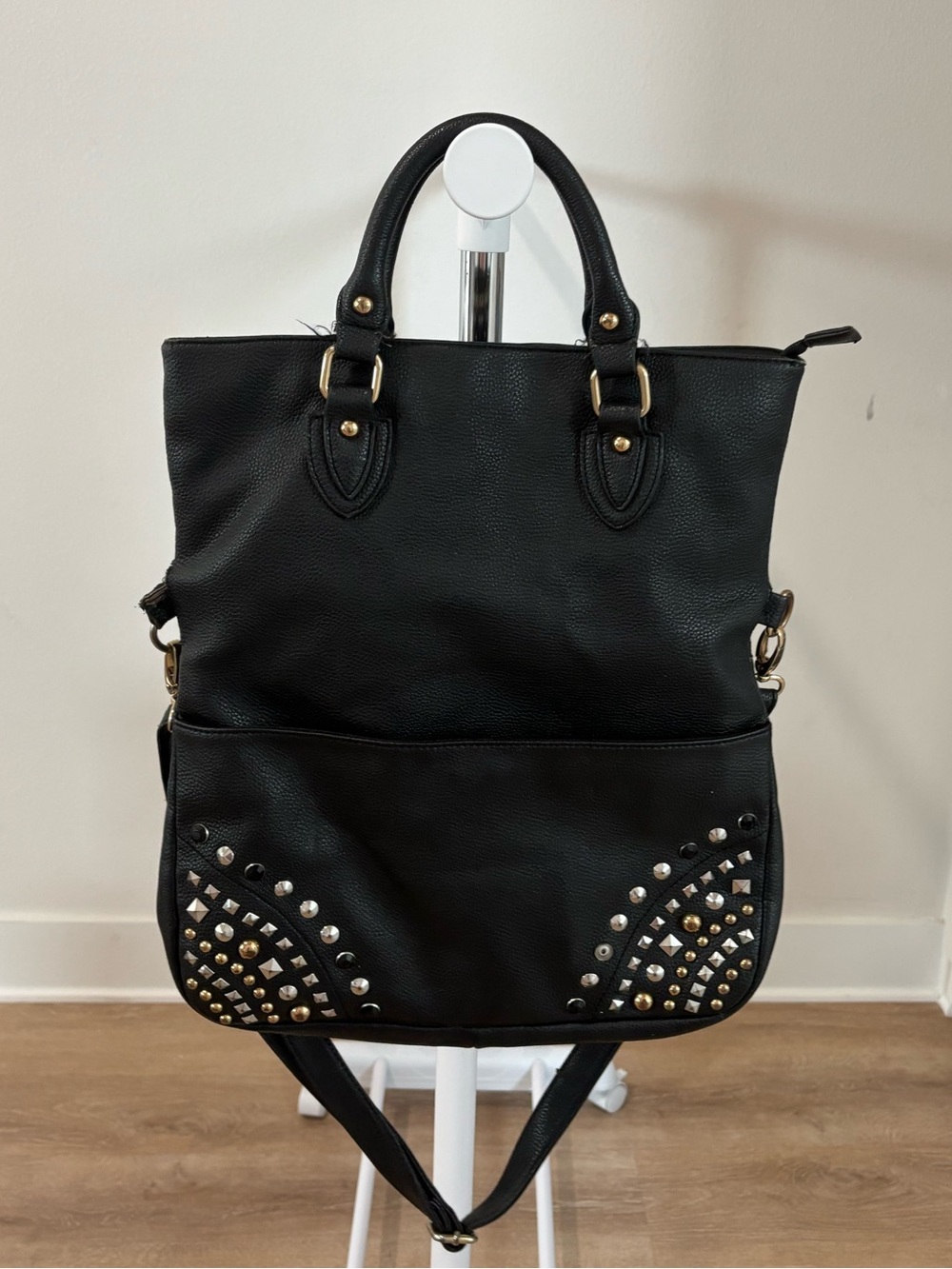Aldo Black Studded Backpack Tote with Gold Accents